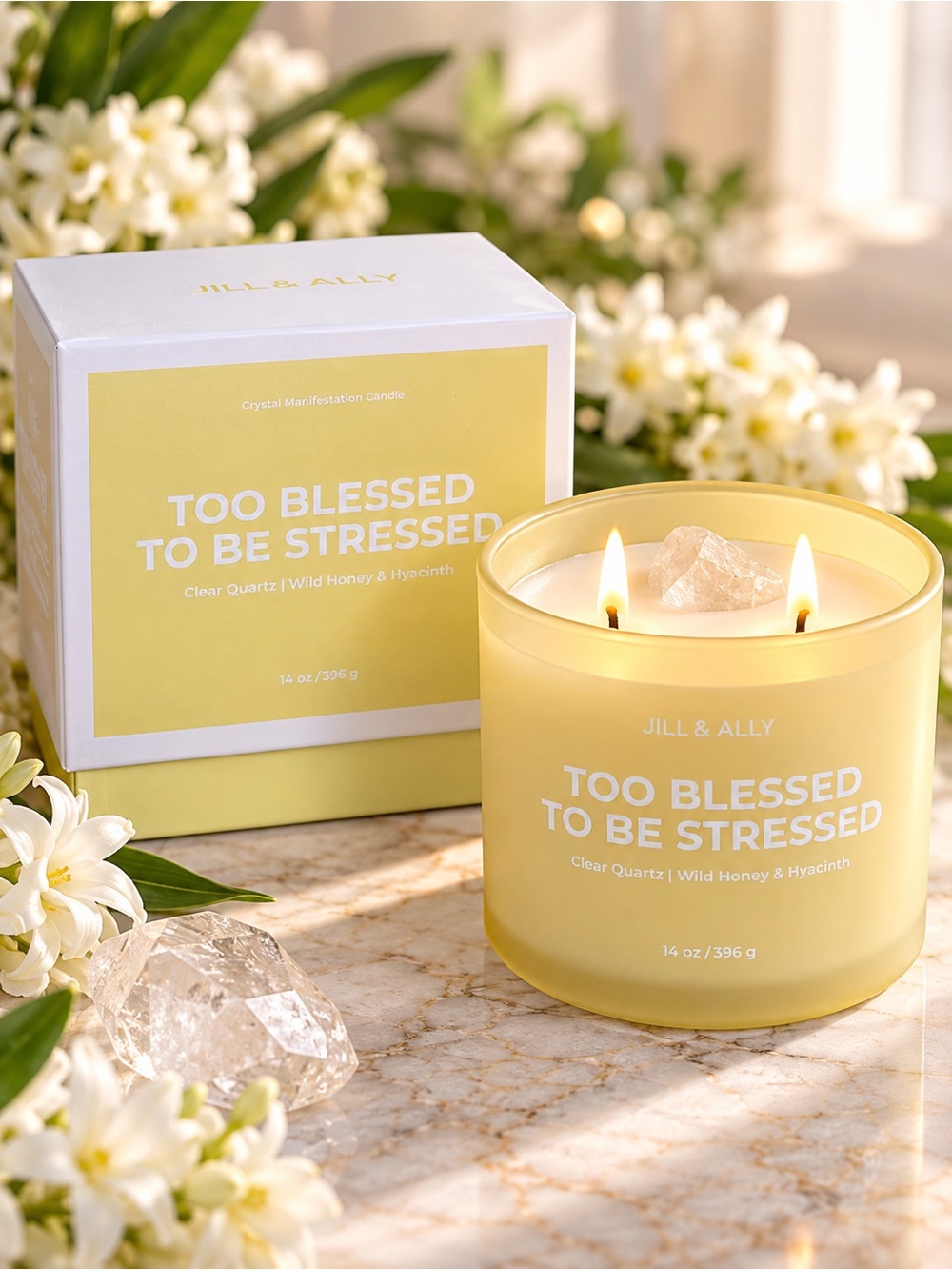 Jill & Ally Too Blessed to Be Stressed Clear Quartz Crystal Manifest Candle 14oz